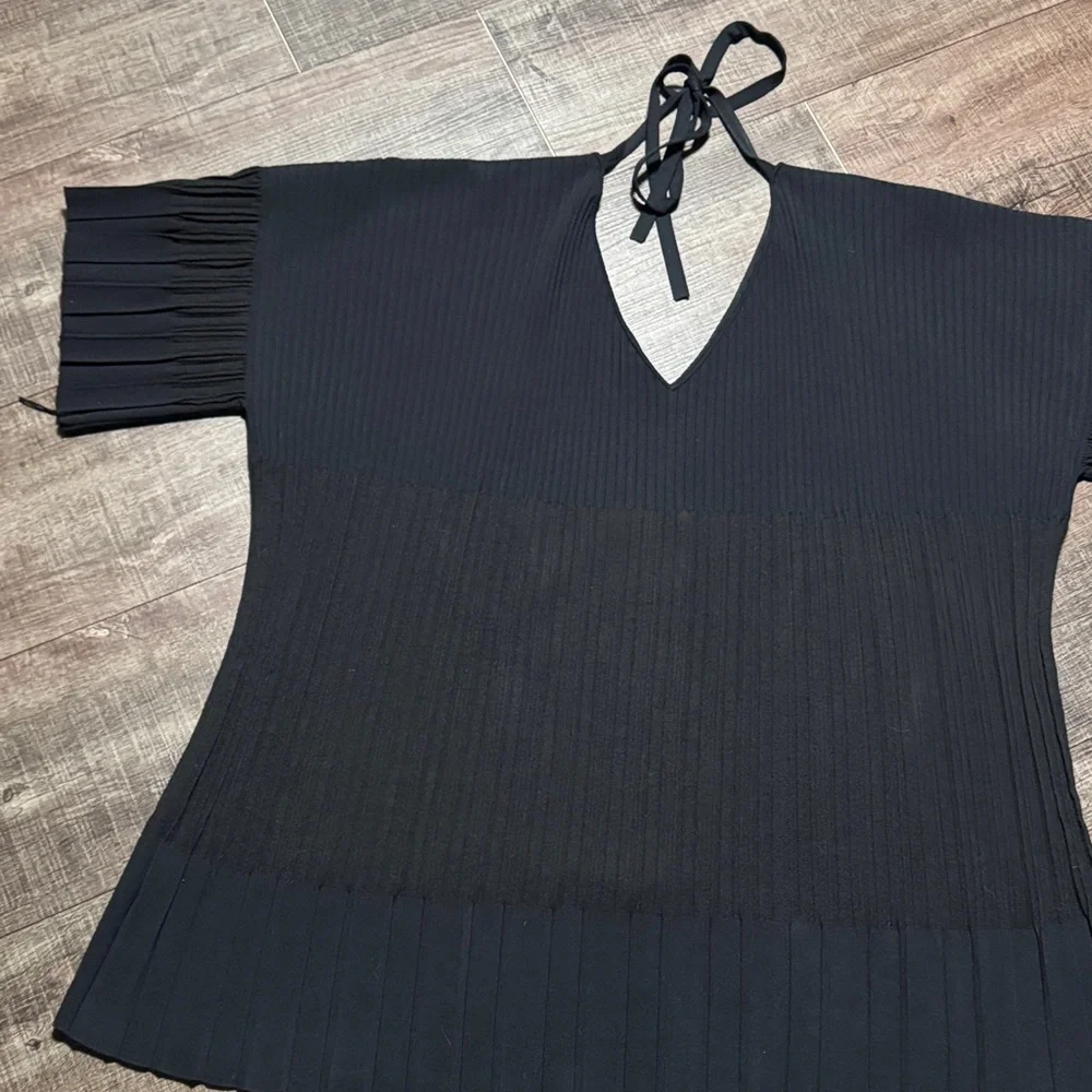CHANEL Black Pleated Dress 👗 with Logo Button V neck - Picture 13 of 14